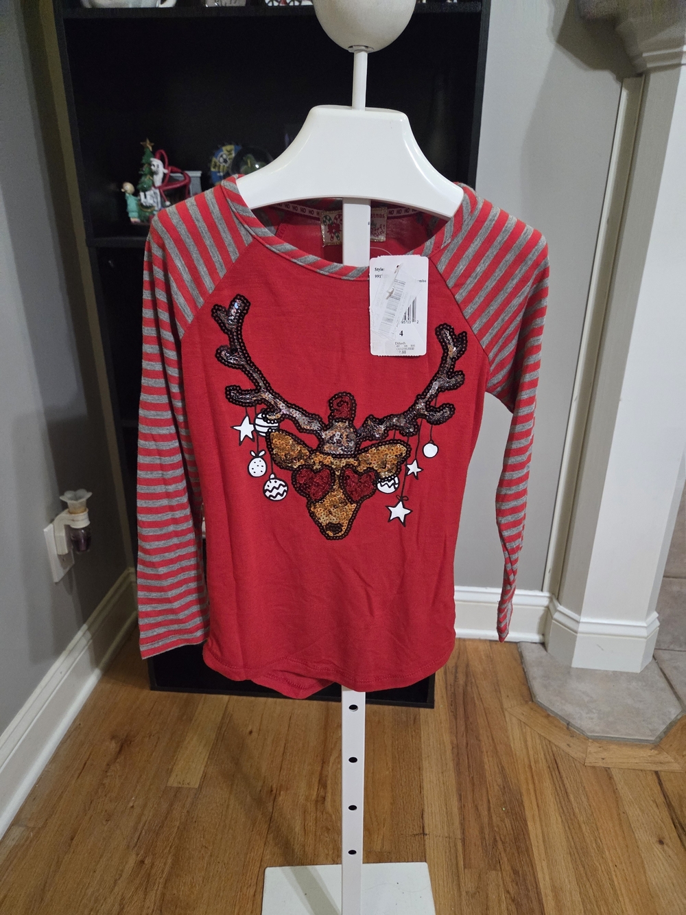 Girls Red Sequin Reindeer Long-Sleeve Tee